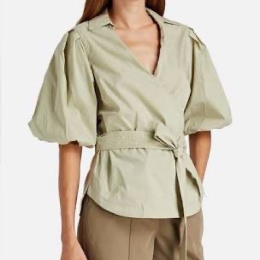 Jonathan Simkhai Waverly NWOT Cotton Poplin Celery Green Belted Blouse Sz S